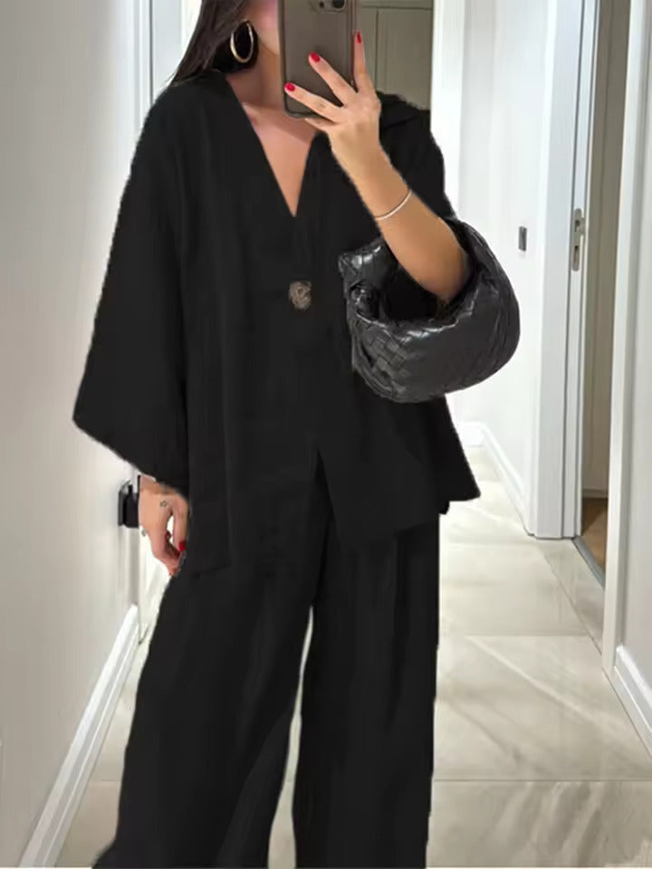 Casual V-neck loose long-sleeved top high waist trousers two-piece suit