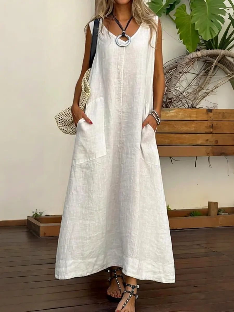 Women's Vintage Sleeveless V-neck Pocket Maxi Dress
