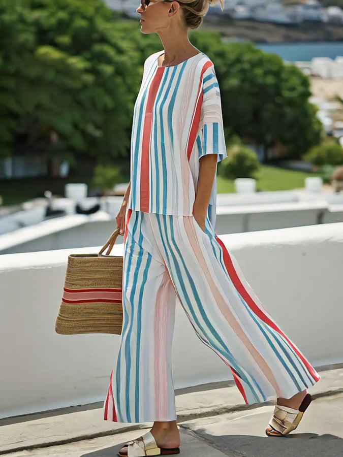 Women's Casual Loose Striped Pants Set