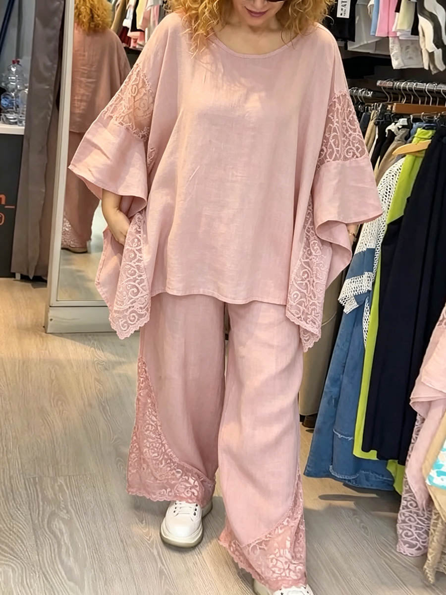 Damen-Set aus Baumwolle und Leinen in Unifarben: Rundhals-Langarm-Oberteil in lockerer Passform mit Kontrastfeldern & hochgeschnittene Wide-Leg-Hose