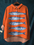 Simple Marine Animal Fish Print Cotton And Linen Shirt