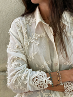 Cotton and linen collared 3D embroidered shirt