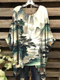 Women's Vintage Art Mountain and River Pattern Round Neck Top