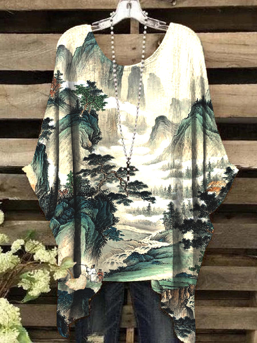 Women's Vintage Art Mountain and River Pattern Round Neck Top