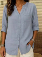 Women'S Casual Solid Color V-Neck Shirt