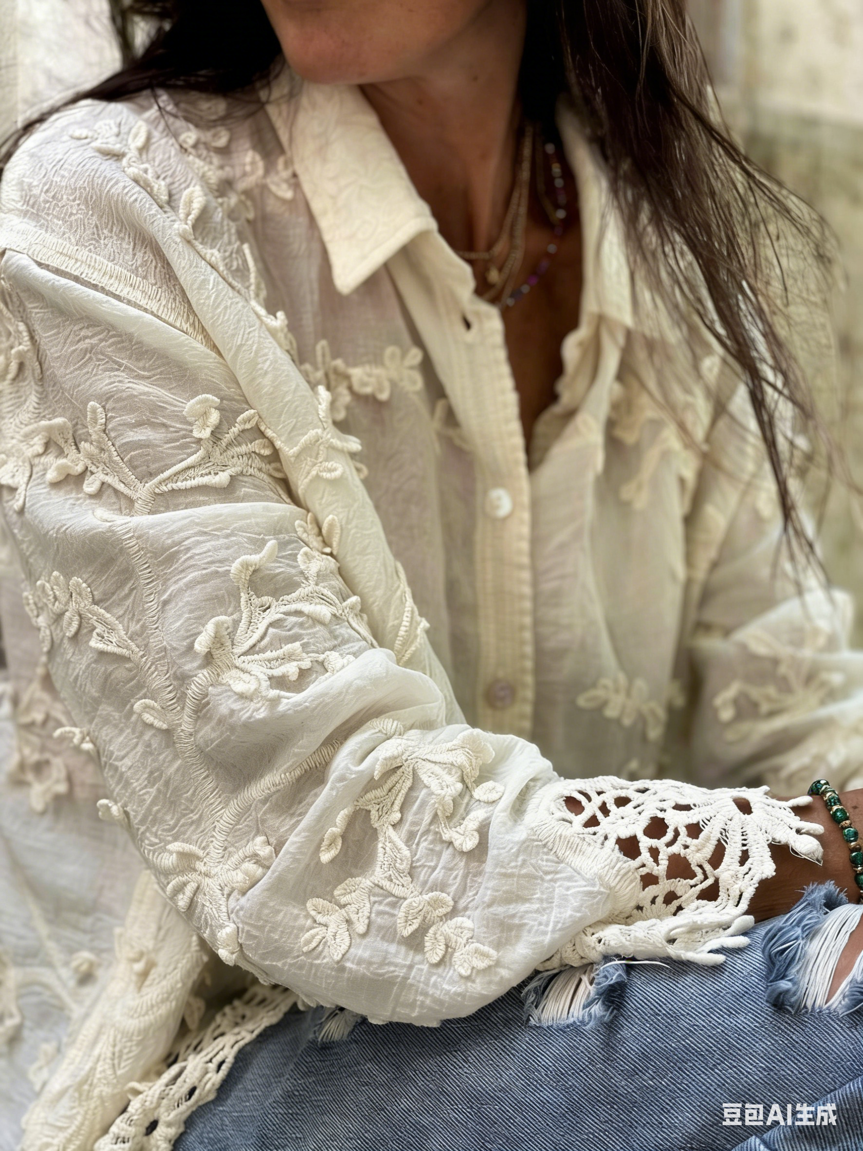 Cotton and linen collared 3D embroidered shirt