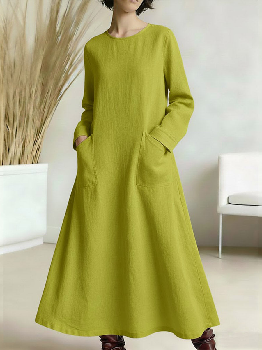 Women's Solid Color Round Neck Long-sleeved Casual Loose A-line Cotton And Linen Dress