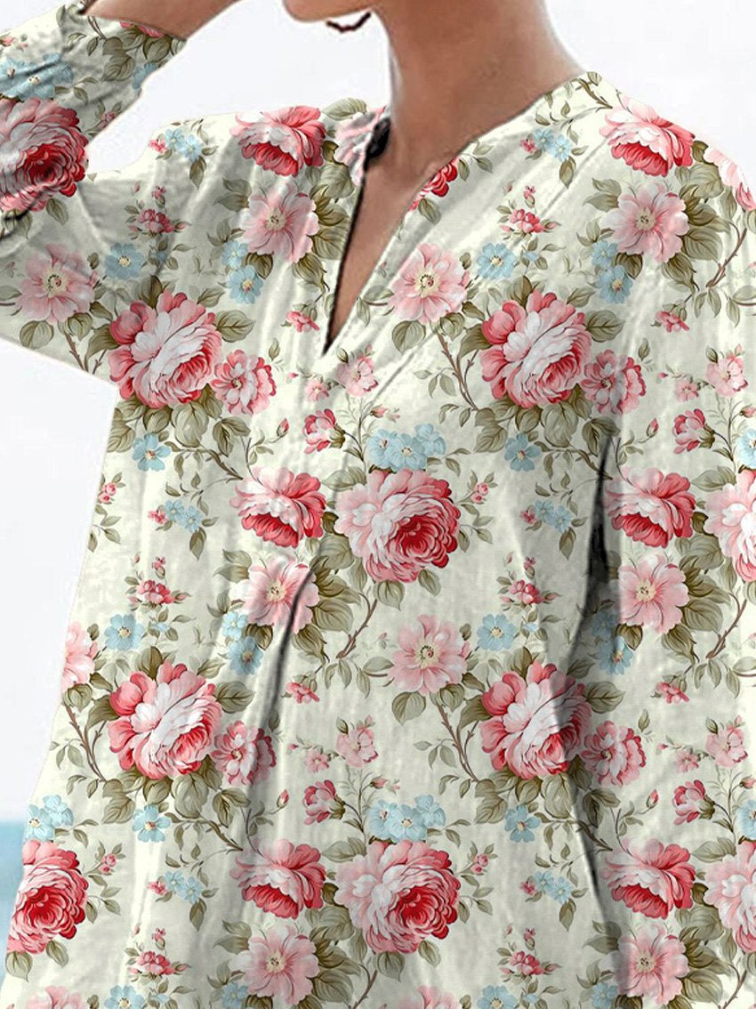 Vintage Style Romantic Rose Pattern Printed Women's Casual Linen V-neck Shirt