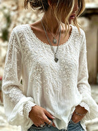 Women's White Floral Embroidered Art Crew Neck Long Sleeve Linen Blend T-shirt