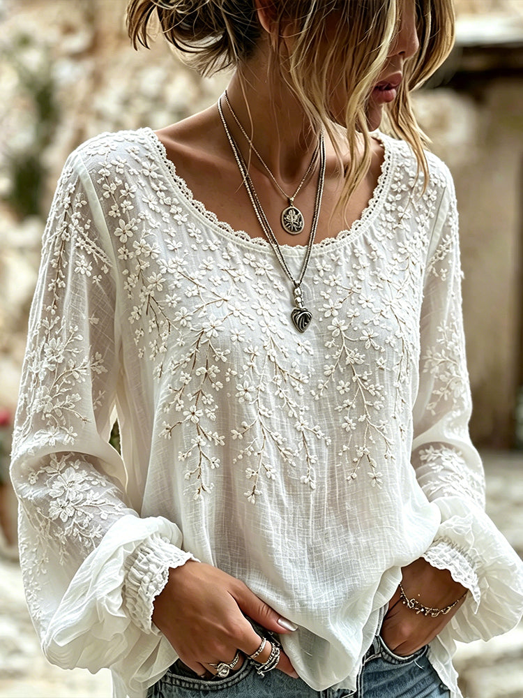 Women's White Floral Embroidered Art Crew Neck Long Sleeve Linen Blend T-shirt