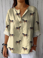 Horse Repeat Pattern Printed Women's Casual Cotton Linen Shirt