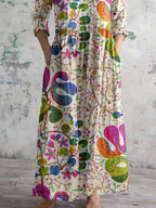 Women's V-neck  Abstract Art Floral Pattern Collar Cotton Dress With Pockets