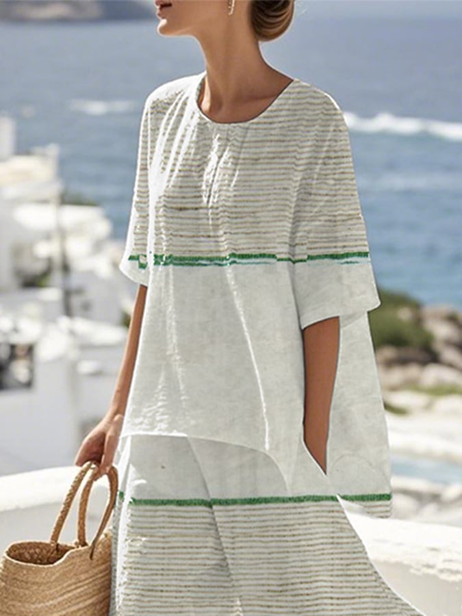 Women's Loose Round Neck Striped Contrast Color Pants Set