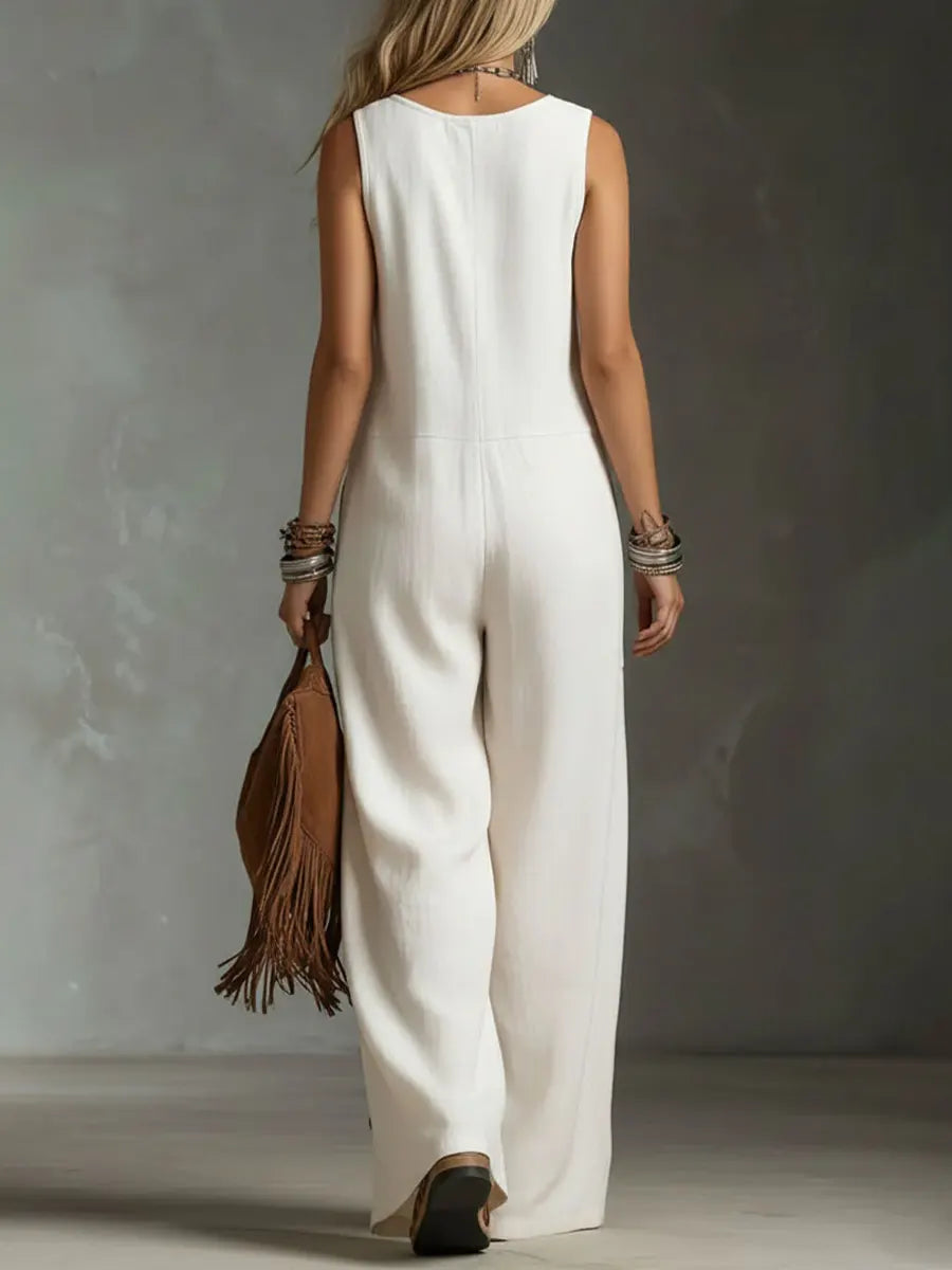 Women's Vintage Sleeveless Round-neck Button-front Jumpsuit