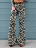 Women's Vintage Floral Print Mid-Rise Button-Hem Bootcut Pants (Without Belt)