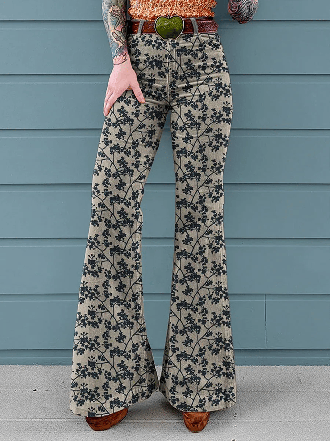 Women's Vintage Floral Print Mid-Rise Button-Hem Bootcut Pants (Without Belt)