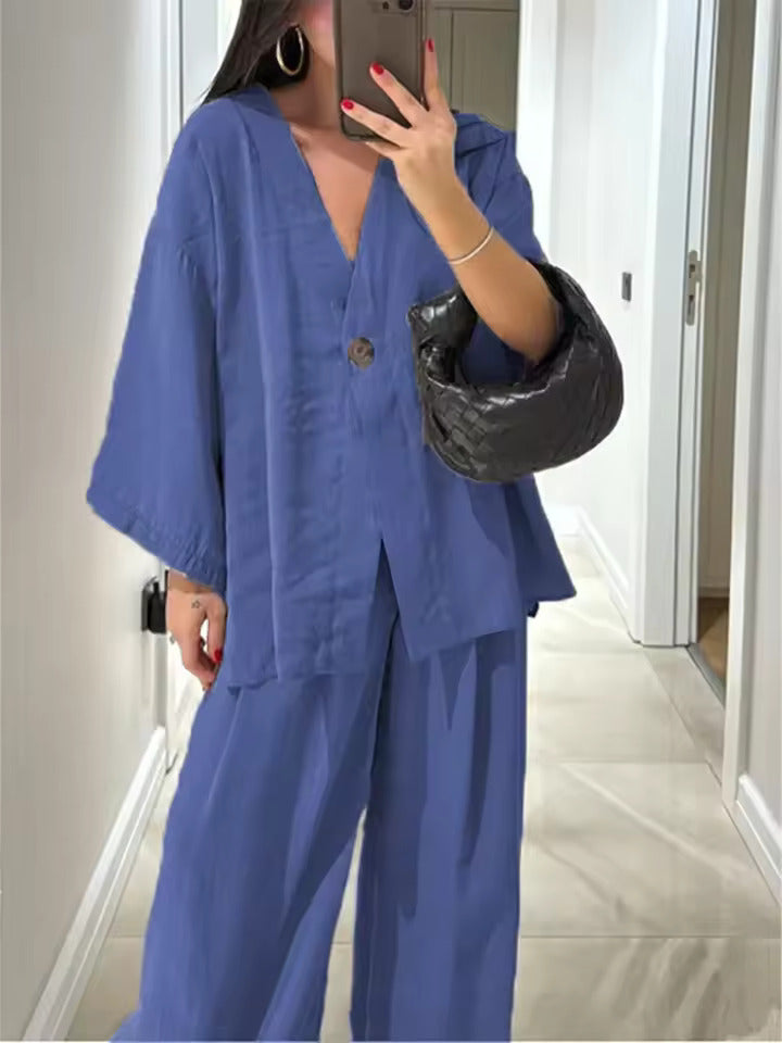 Casual V-neck loose long-sleeved top high waist trousers two-piece suit