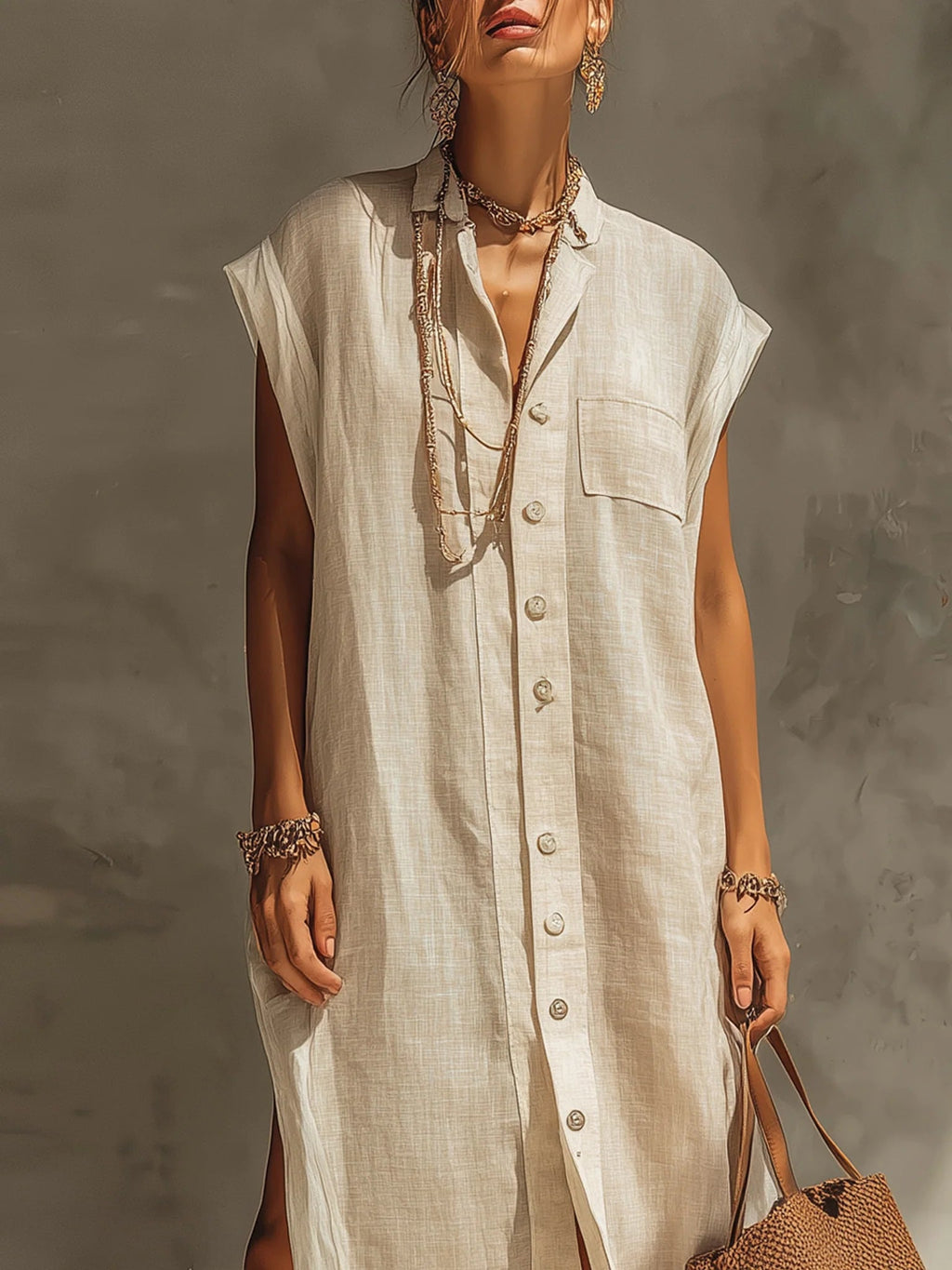 Beige Linen Shirt Collar Midi Dress With Cap Sleeves