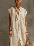 Beige Linen Shirt Collar Midi Dress With Cap Sleeves