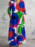 Women's V Neck Abstract Geometric Floral Art Print Cotton and Linen Pocket Dress