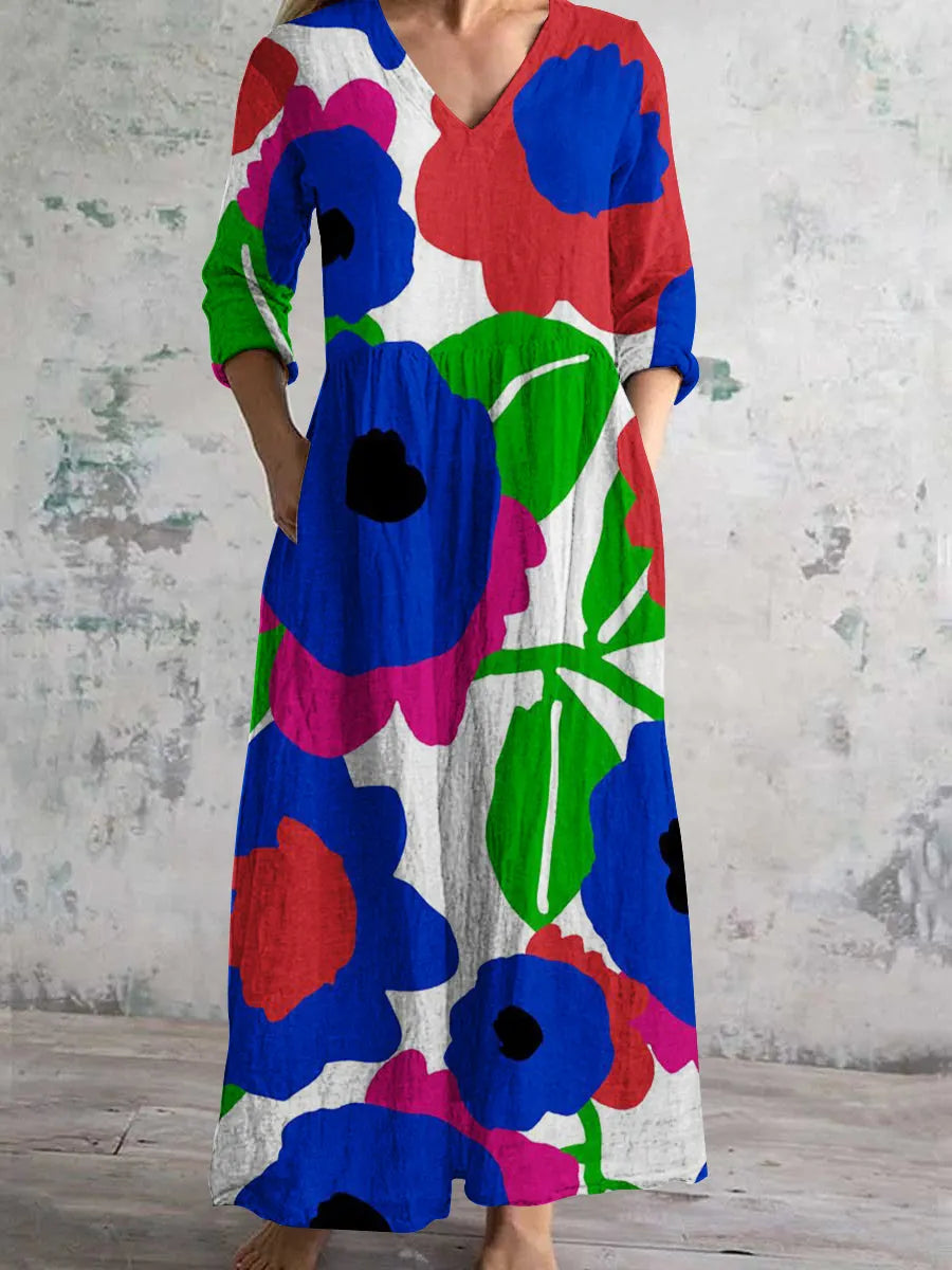 Women's V Neck Abstract Geometric Floral Art Print Cotton and Linen Pocket Dress