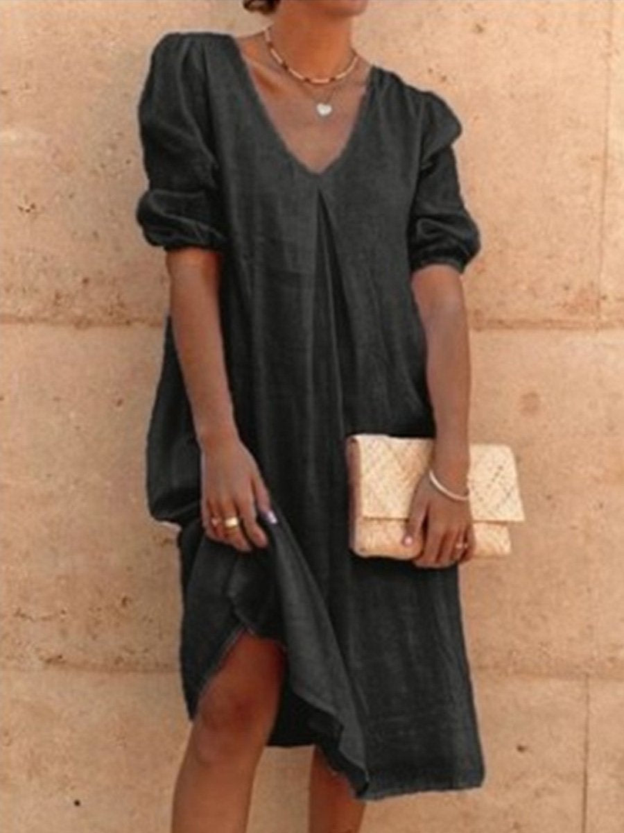 Cotton And Linen Solid Color Long Sleeve Casual Midi Dress
