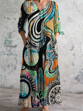Women's V Neck Abstract Painted Pattern Art Print Cotton and Linen Pocket Dress