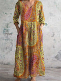 Women's V-Neck Vintage Irregular Pattern Long Sleeve Dress