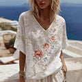 Women's Floral Embroidery Casual Cotton Linen V-neck T-shirt
