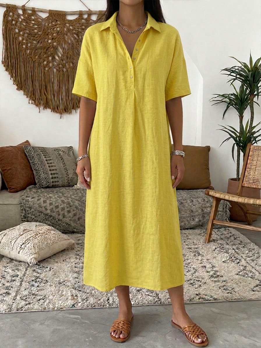 Casual Polo Collar Linen And Cotton Short-sleeved Dress