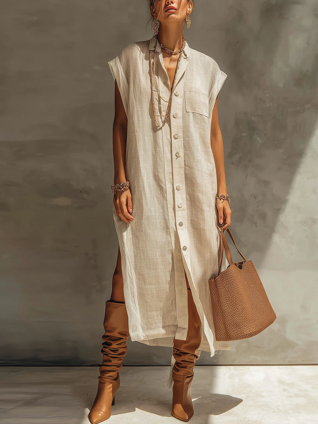 Beige Linen Shirt Collar Midi Dress With Cap Sleeves