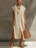 Beige Linen Shirt Collar Midi Dress With Cap Sleeves