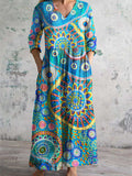 Women's V-Neck Temperament Art Irregular Pattern Long Sleeve Dresses