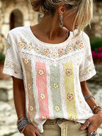 Women's Floral Patchwork Art Pattern Casual T-shirt
