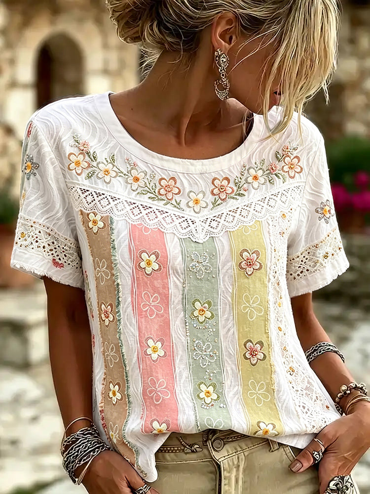 Women's Floral Patchwork Art Pattern Casual T-shirt