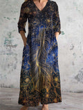 Women's V-Neck Long Tail Goldfish Line Art Print Cotton and Linen Pocket Dress