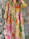 Women's Elegant Floral Print Cotton and Linen Shirt Dress