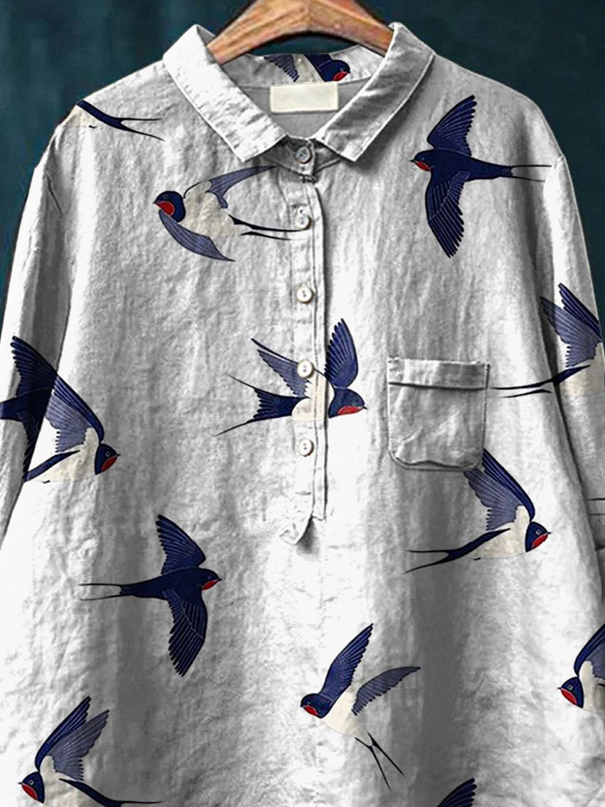 Flying Swallow Repeat Pattern Printed Women's Casual Cotton And Linen Shirt