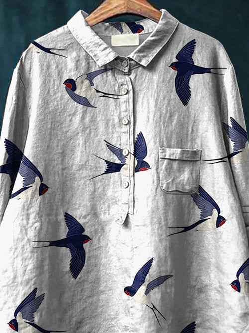 Flying Swallow Repeat Pattern Printed Women's Casual Cotton And Linen Shirt