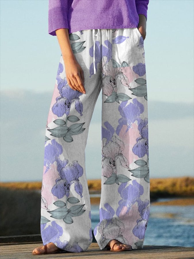 Women's Floral Design Lace-Up Elastic Waist Loose Casual Pants