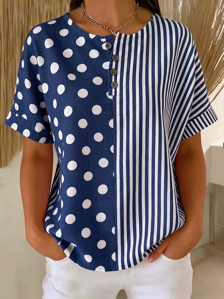 Artistic Polka Dot & Stripe Cotton-linen Henley Blouse