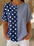 Artistic Polka Dot & Stripe Cotton-linen Henley Blouse